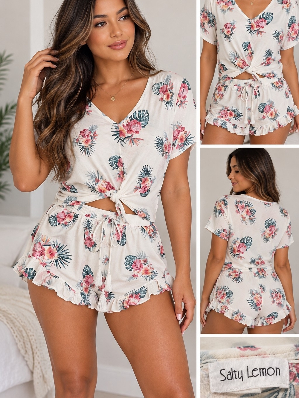Salty Lemon Cream Floral Tie-Front Pajama Set